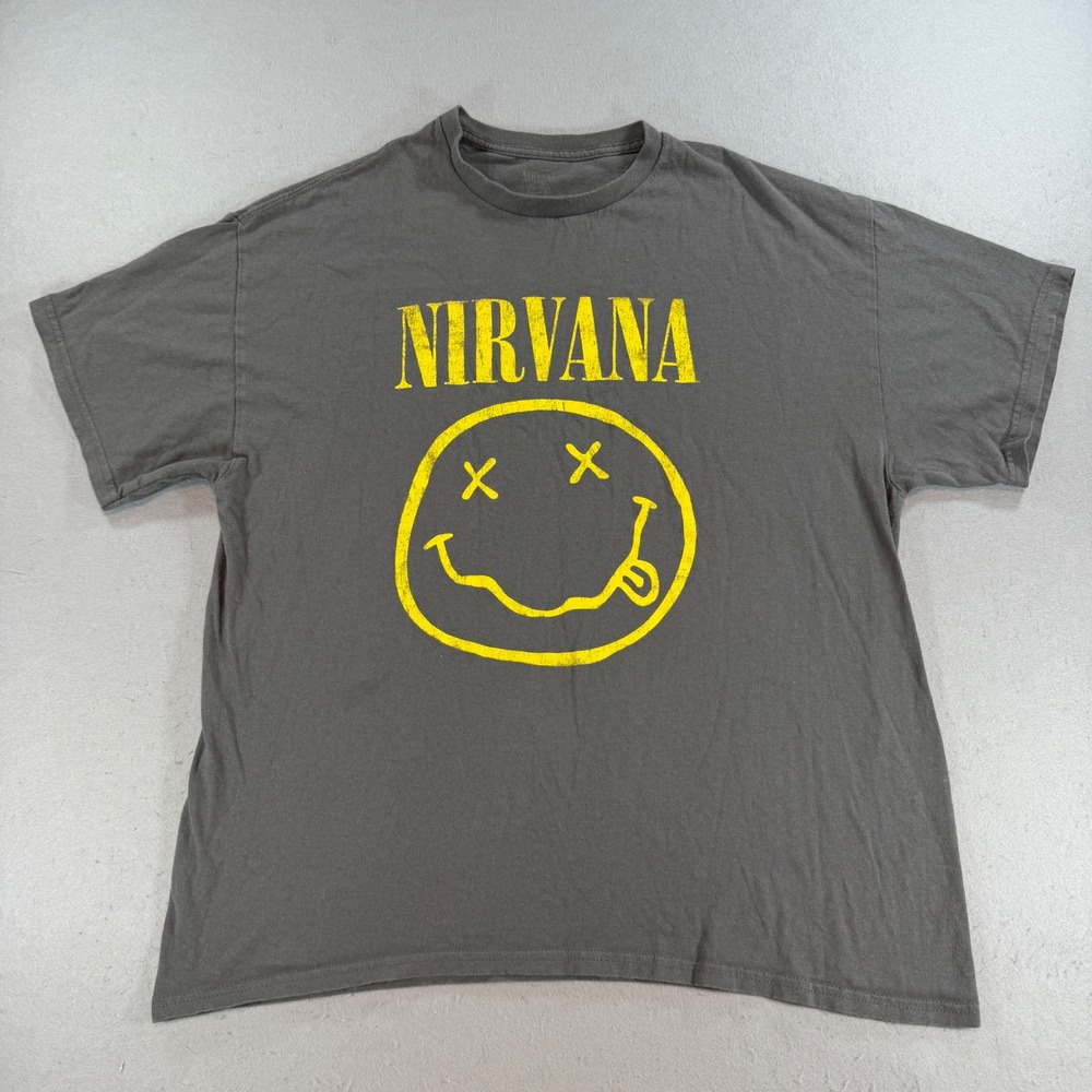 Nirvana Smiley Face Graphic T-Shirt Charcoal Gray XL Mens Short Sleeve Tee
